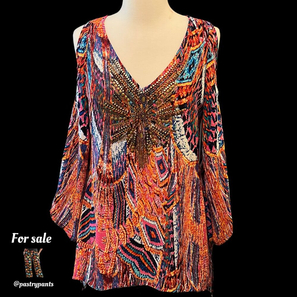 Beaded Vibrant colorful kaftan top Bebe UNIQUE fancy boho top shirt XS festival